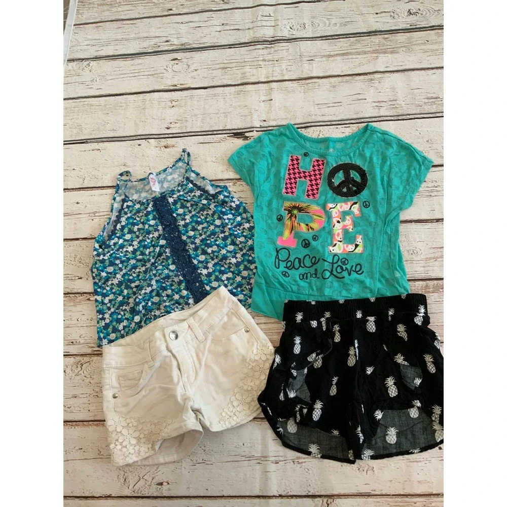 Justice Girls Lot Size 8 Hope Tee Floral Tank‎ White Lace Pineapple Shorts